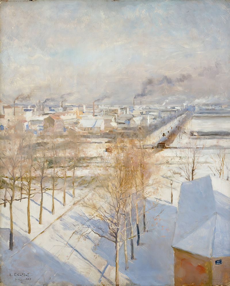 Winter landscape of Paris with snow-covered rooftops, oil on canvas by Albert Edelfelt