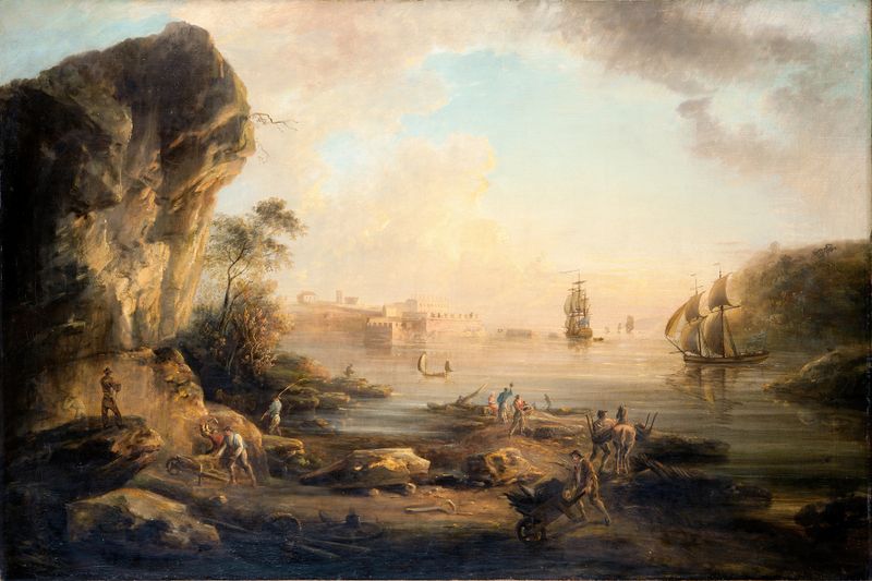 Coast Landscape de Elias Martin, óleo sobre tela que retrata uma costa rochosa sob um céu tempestuoso.
