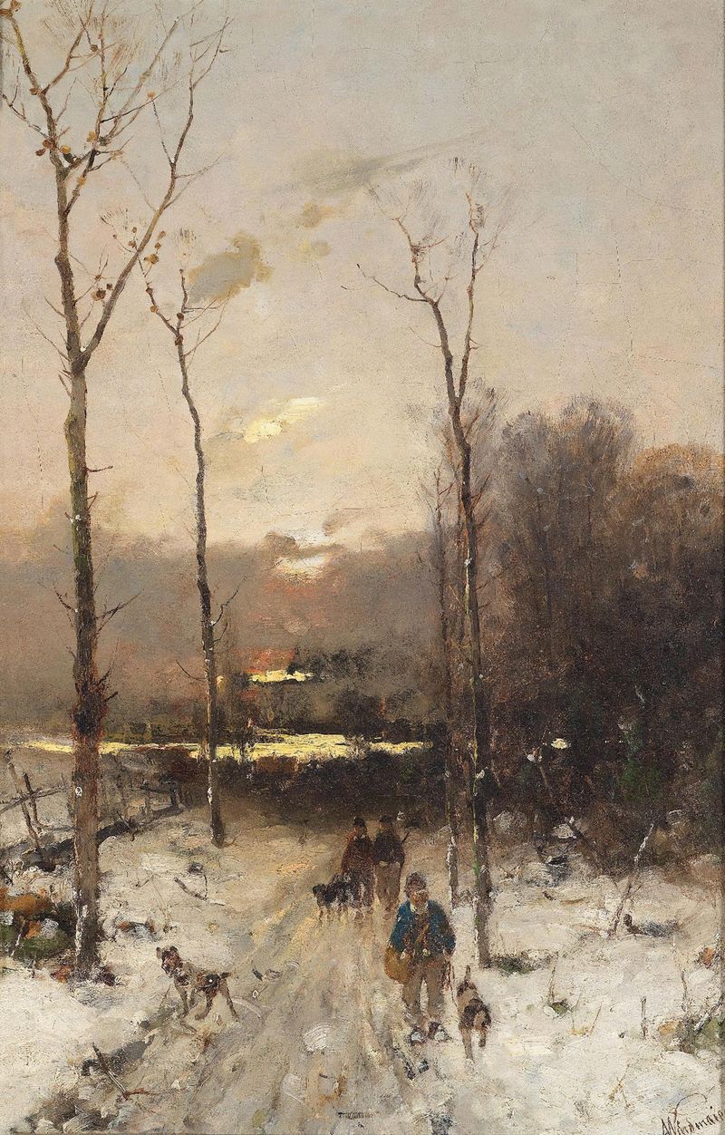 Oil painting by Anton Windmaier depicting a hunter in a snowy forest.