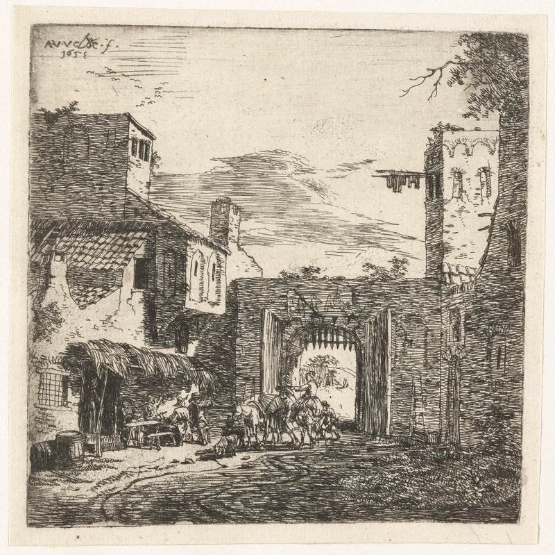 Gravura Stadspoort bij herberg de Adriaen van de Velde mostrando um arco e uma estalagem em uma paisagem tranquila