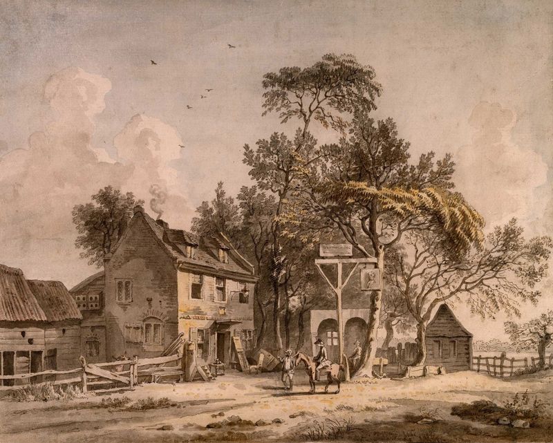 A Public House de Paul Sandby, acuarela sobre papel, que muestra a los clientes alrededor de un hogar.