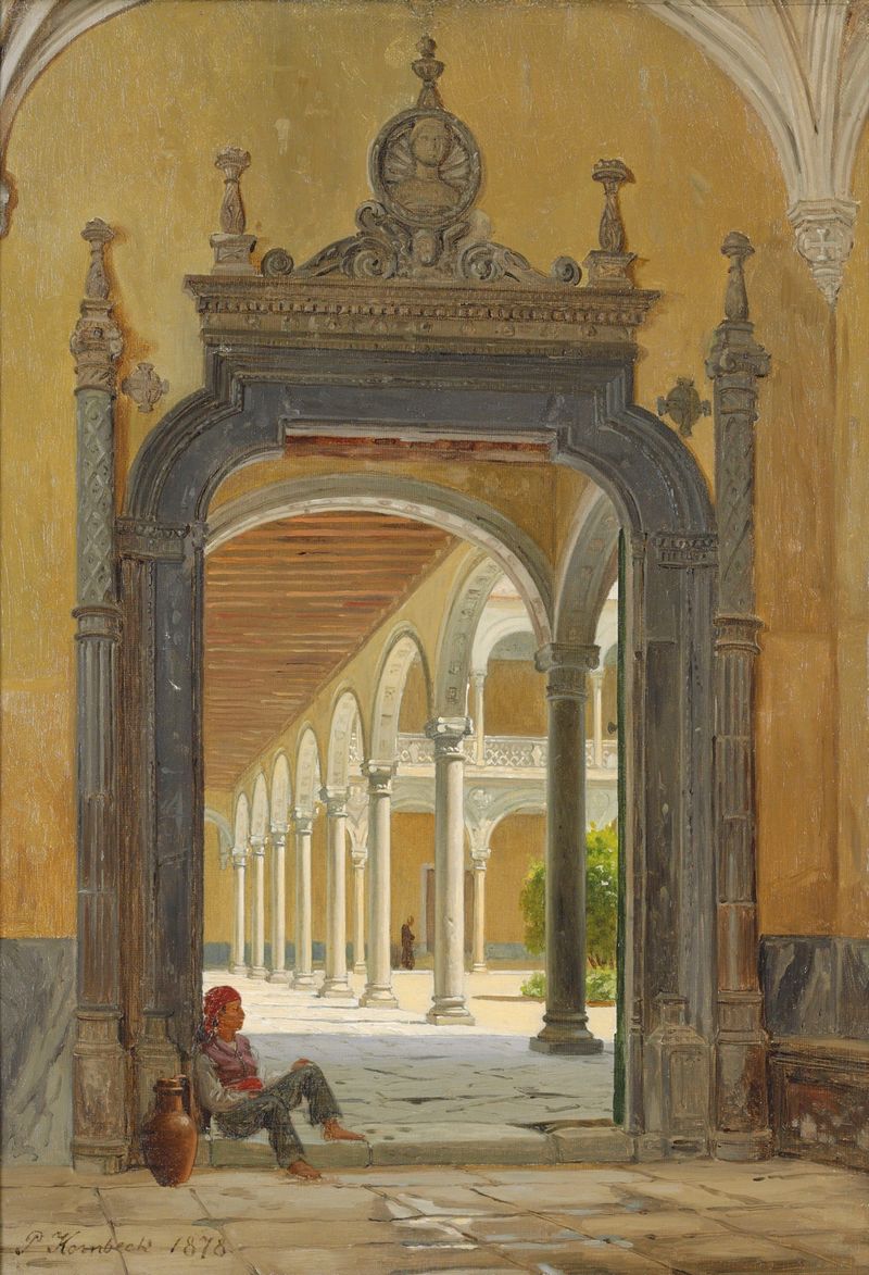 Um claustro italiano, óleo sobre tela de John Peter Kornbeck, com luz e sombras nas paredes de pedra.