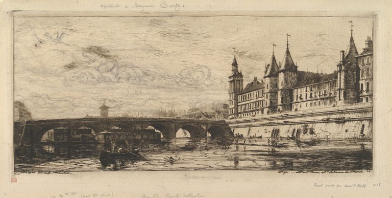 Gravura de Charles Meryon mostrando uma ponte ao entardecer sobre um rio.