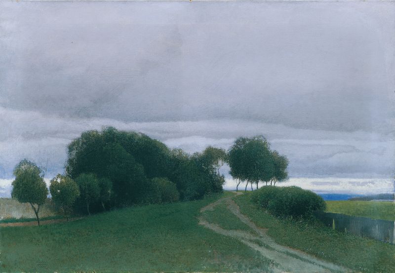 Obra figurativa de Ferdinand Brunner mostrando uma figura solitária sob um céu ao entardecer, pintura a óleo