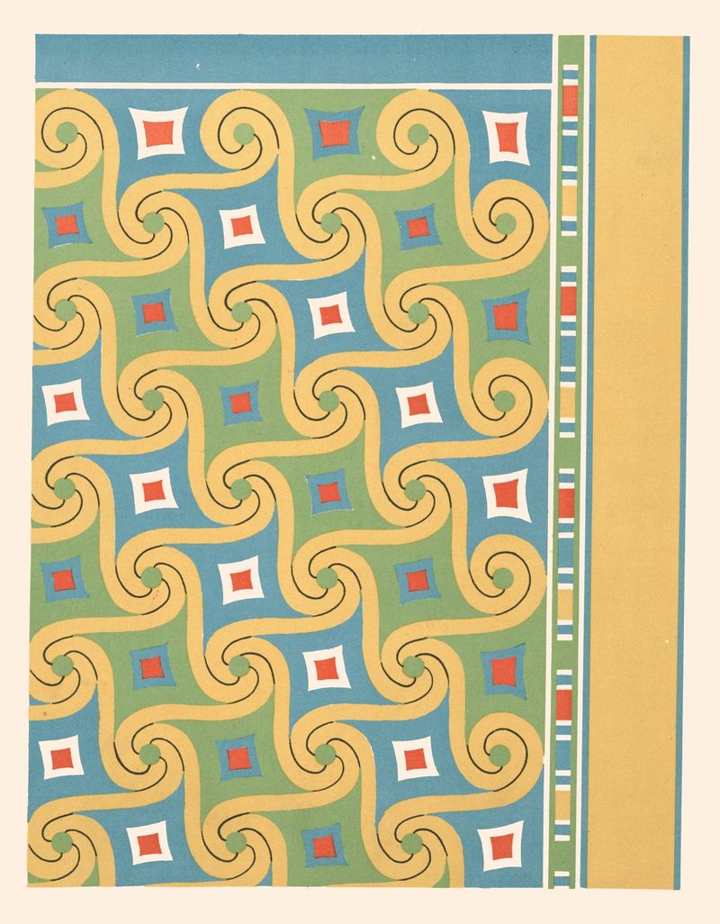 Ceiling panel by Gustave Jéquier, 1911, featuring intricate blue and gold patterns.