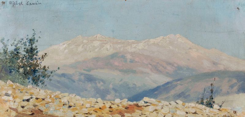 Paisagem com montanhas e céu em ocres quentes e azuis profundos de Henry Brokman