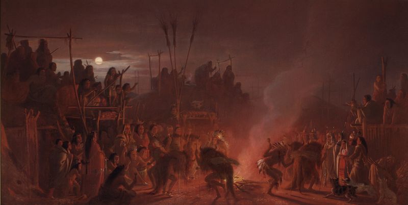 The Buffalo Dance by Charles Ferdinand Wimar, oil painting depicting Native American dancers in golden light