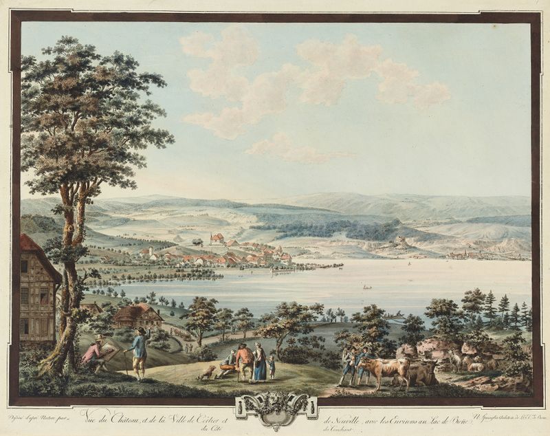 Oil painting by Niklaus Sprüngli depicting Lake Bienne and surrounding hills.
