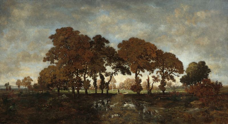 Paisagem com folhagem exuberante e gotas de chuva, pintura a óleo de Théodore Rousseau