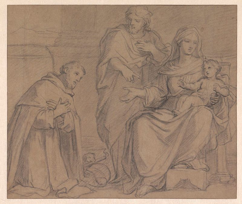 Religious scene by Charles Le Brun depicting the Holy Family with a monk and a dog, paper