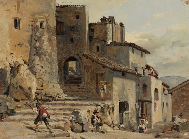 Treppenstrasse in einem italienischen Bergdorf by Johann Baptist Kirner, oil on canvas depicting a tranquil village.