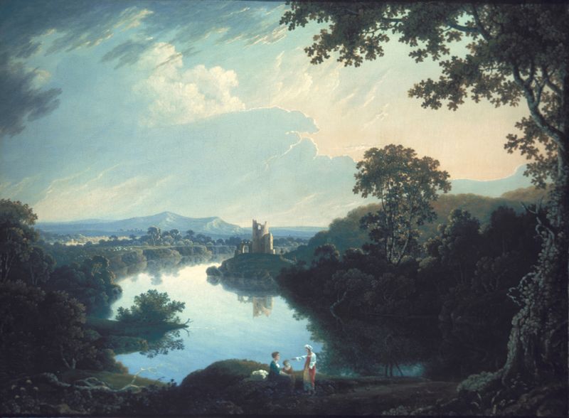 Landscape in Wales by Thomas Wright, oil painting depicting lush hills and valleys.