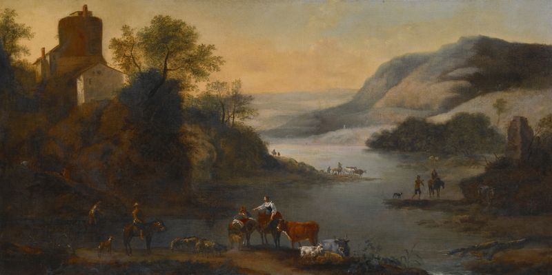 Landscape with Animals by Robert Griffier, oil on canvas depicting animals in a vibrant natural setting.