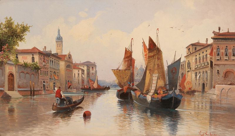 Venetian Motif de Karl Kaufmann, pintura al óleo impresionista que representa agua y luz tranquilas.