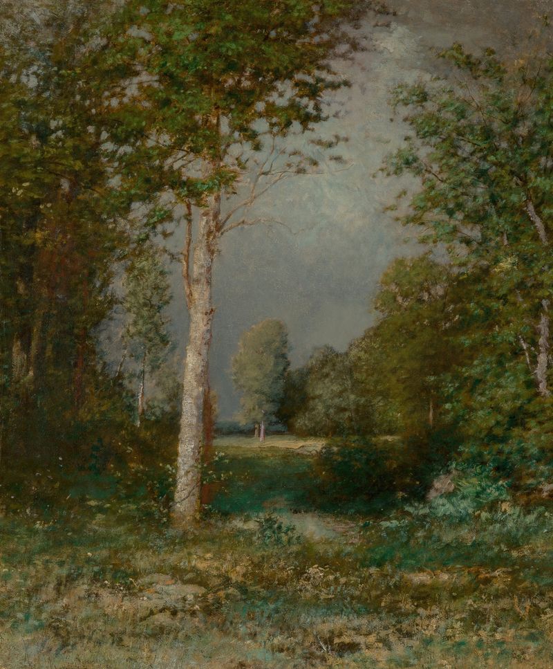 A Forest Glade de Alexander Helwig Wyant, pintura a óleo que mostra a luz do sol filtrando através de uma floresta.