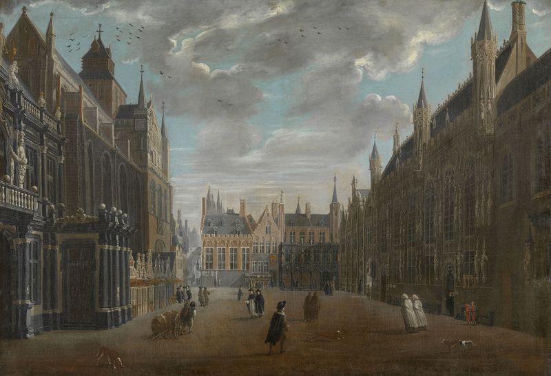 The Burg in Bruges by Jan Baptist van Meunincxhove, oil painting depicting majestic buildings in golden light.