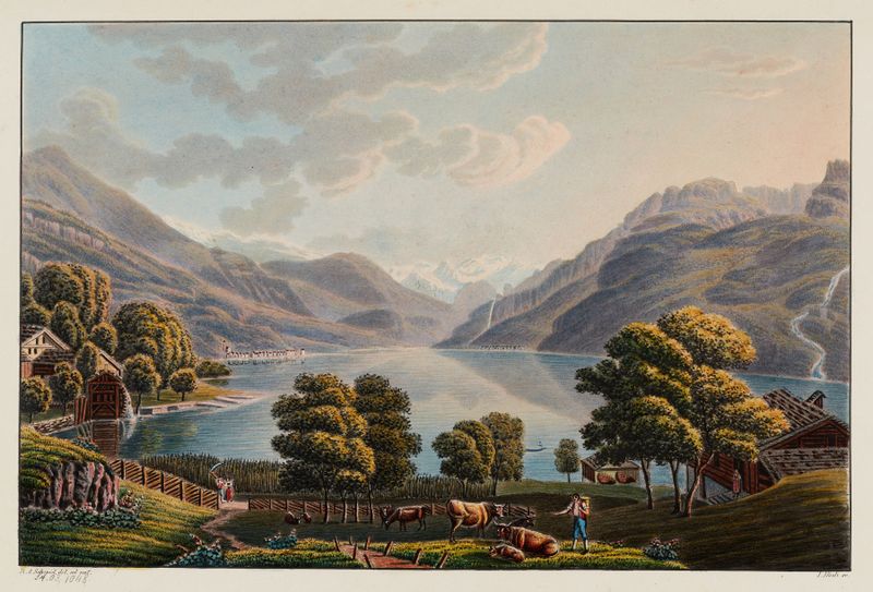 Paisaje de Le lac de Brienz vers le Giessbach de David Alois Schmid, óleo sobre lienzo