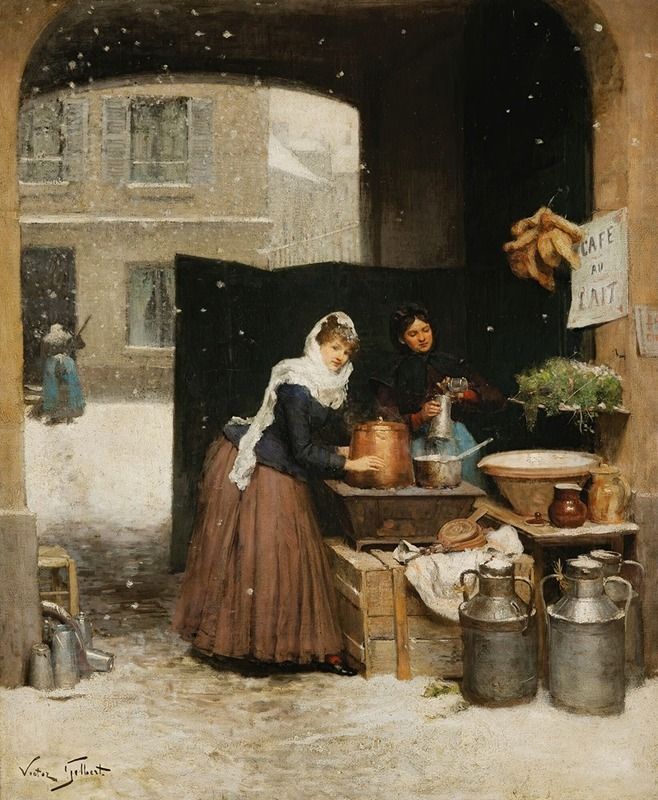 Genre scene of a woman with wares in winter, oil painting by Victor Gabriel Gilbert