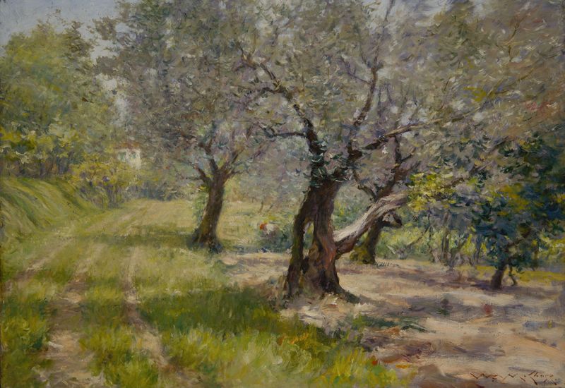 El Olivar de William Merritt Chase, óleo sobre lienzo que representa vegetación exuberante y luz filtrada.