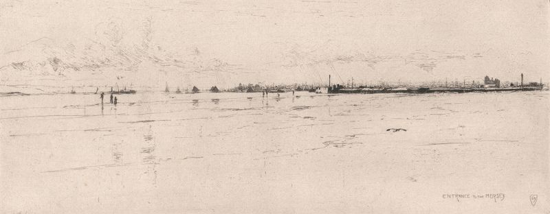 Entrance to Mersey by Sir Frank Short, an impressionist marine scene, oil painting with sunlight reflecting on water.