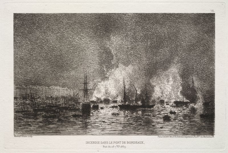 Conflagration in the Port of Bordeaux de Maxime Lalanne, pintura a óleo que mostra barcos em um céu em chamas.