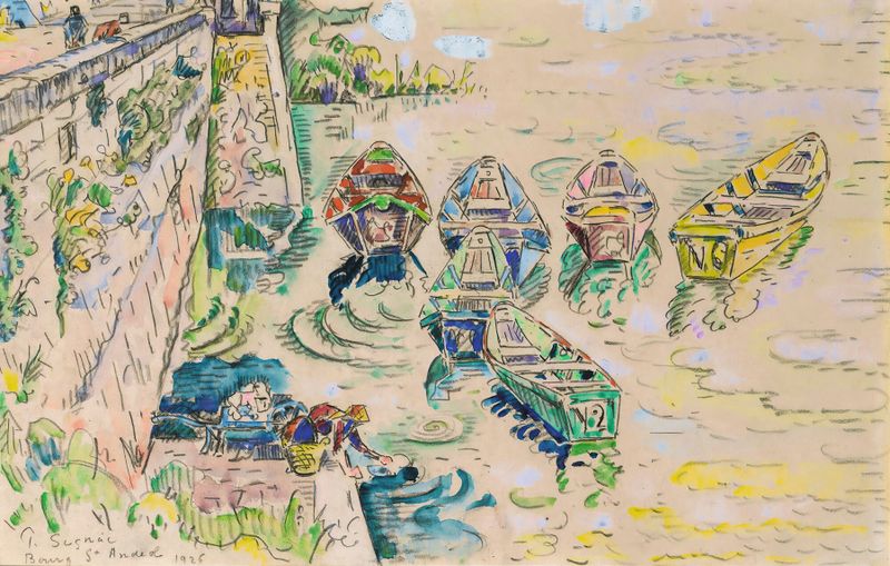 Bourg Saint-Andéo de Paul Signac, óleo sobre tela que retrata uma paisagem de rio tranquila.