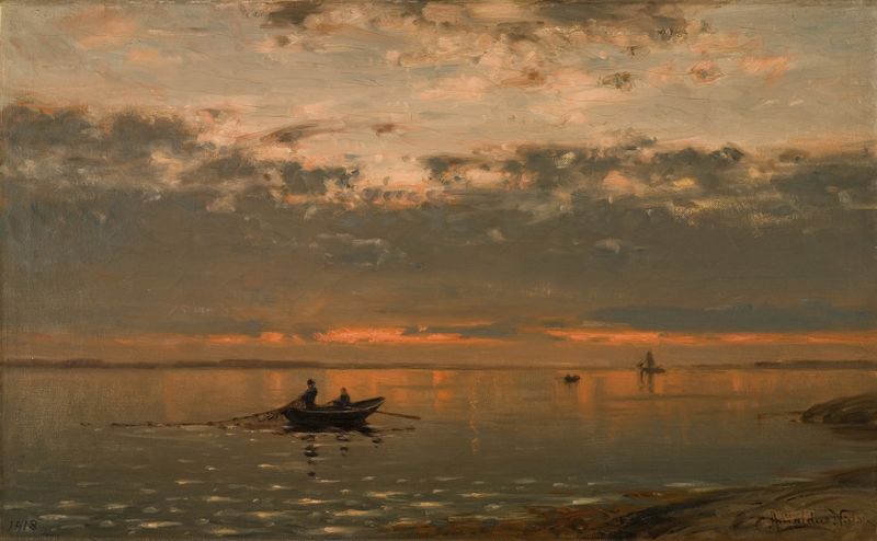 Fra Kristianiafjorden de Amaldus Nielsen, paisaje impresionista con fiordo, montañas y luz suave