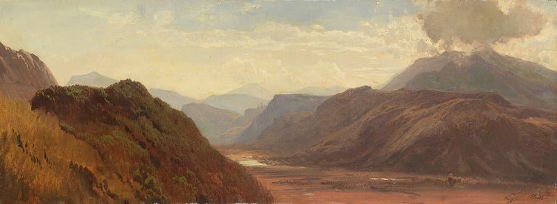 Landscape depicting a valley and distant mountains by Carl Millner, oil painting