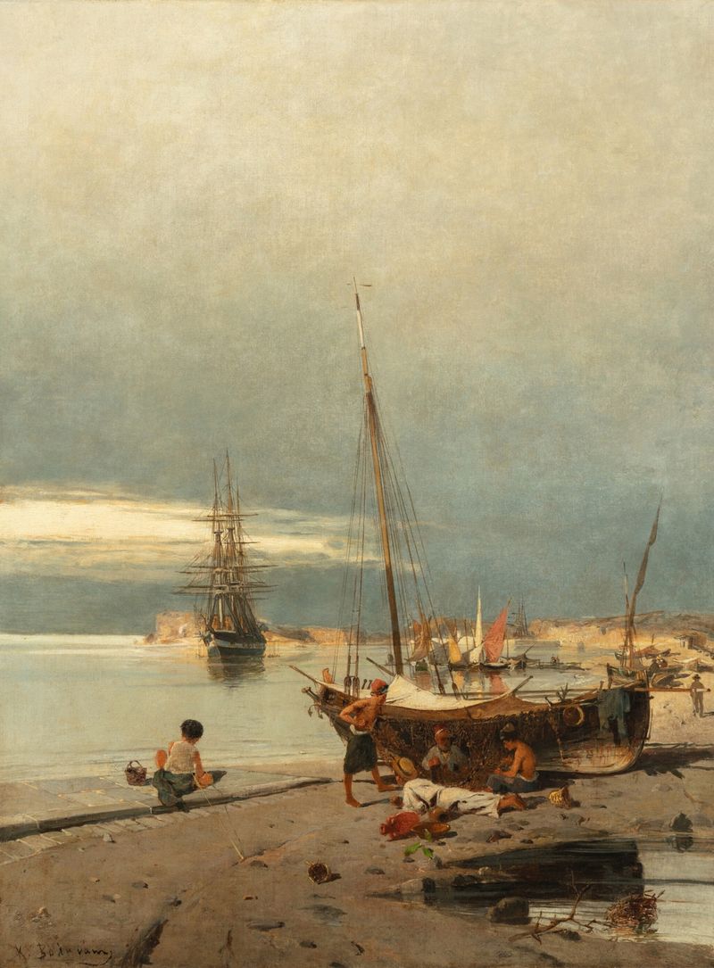 A Greek harbor by Konstantinos Volanakis, oil painting depicting boats on a tranquil sea.
