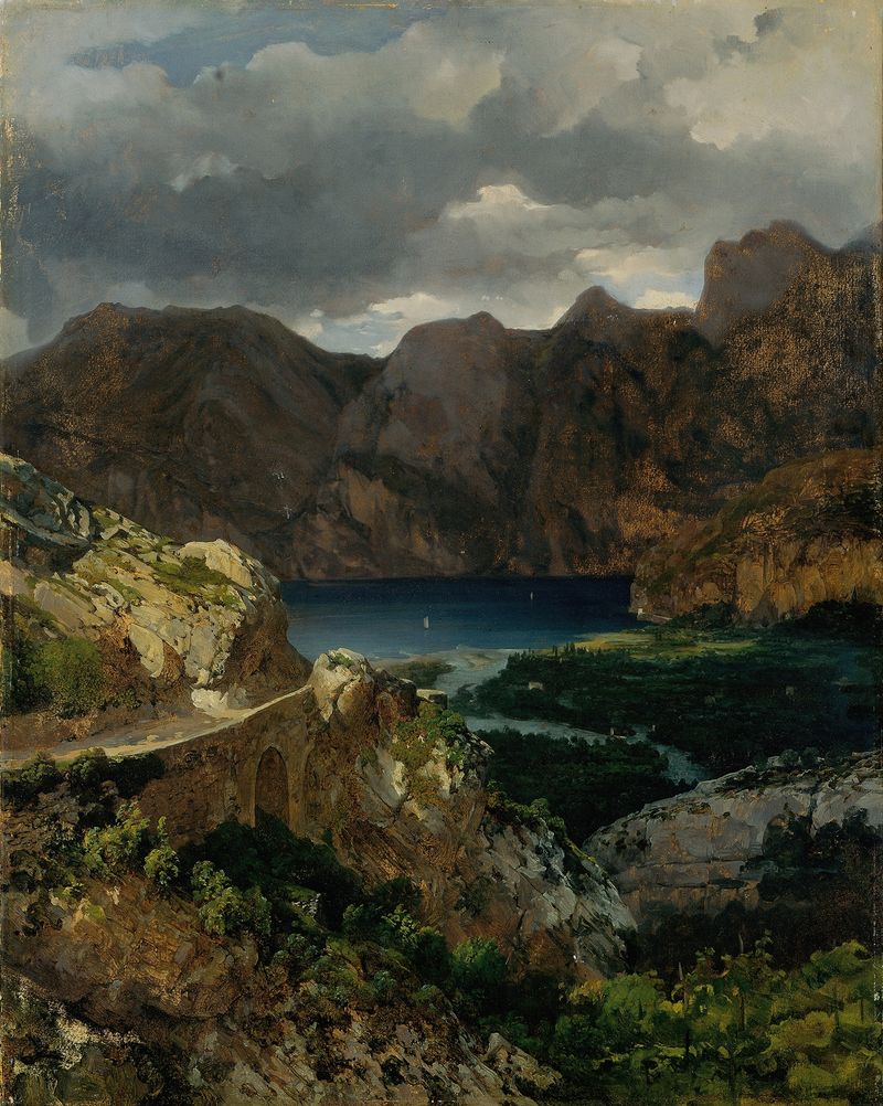 Paisagem do Lago de Garda por Thomas Ender, pintura a óleo, com águas tranquilas e montanhas distantes.