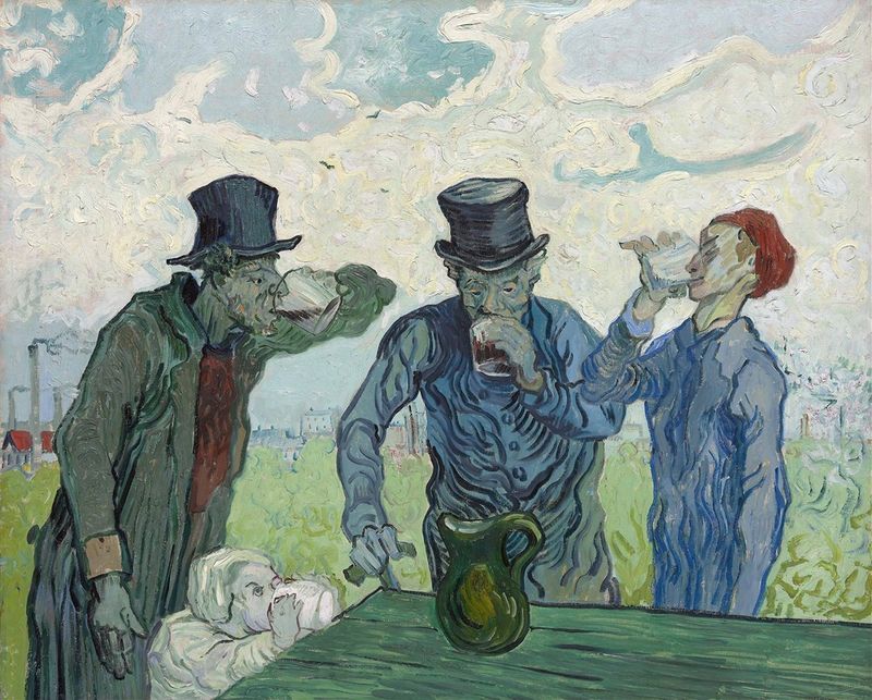Los Bebedores de Vincent van Gogh, óleo sobre lienzo, muestra figuras reunidas alrededor de una mesa, absortas en sus bebi...
