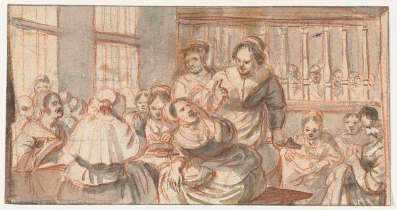 Escena interior de hiladores en óleo sobre lienzo de Francoys Dancx