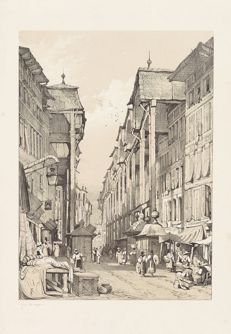 Cena de rua em Genebra por Samuel Prout, aquarela sobre papel, apresentando uma multidão movimentada.