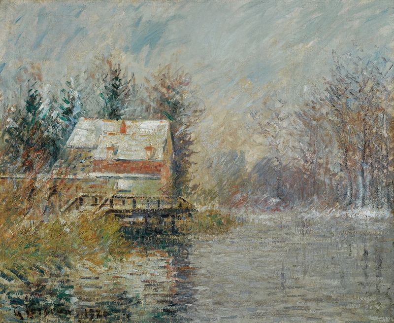 Paisagem de inverno com uma casa ao lado do rio, pintura a óleo de Gustave Loiseau