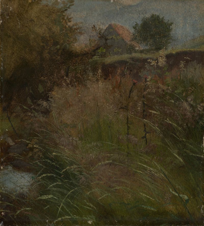 Landscape with a meadow and farmhouse by Hans Thoma, oil painting