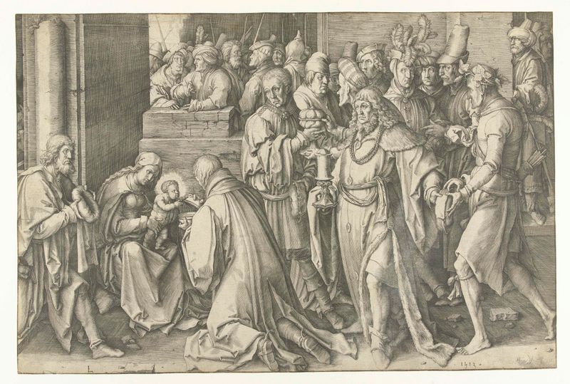 Grabado de Lucas van Leyden que muestra a tres reyes adorando al niño Cristo