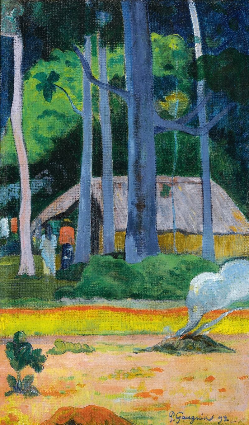 Cabane Sous Les Arbres de Paul Gauguin, pintura al óleo de una cabaña bajo los árboles.