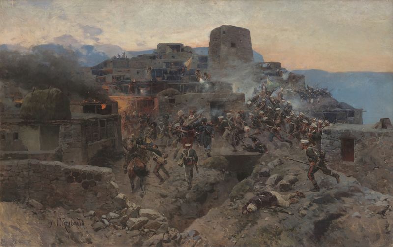 Historical scene with warriors in battle, oil on canvas by Franz Roubaud