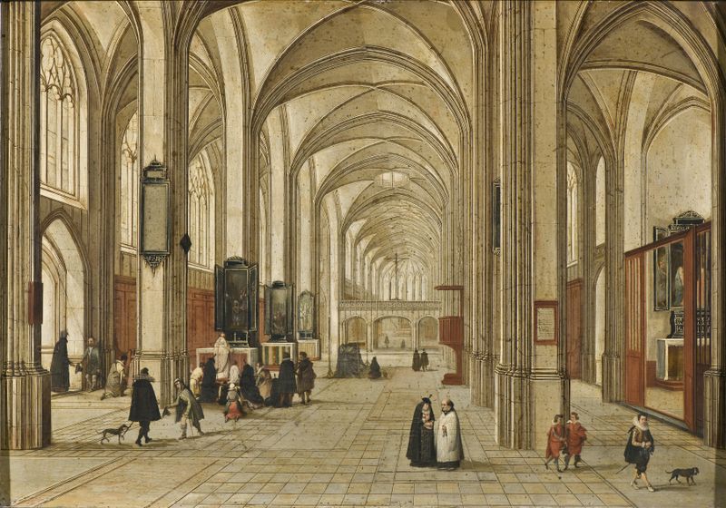 Interior of a Gothic Church by Pieter Neeffs the Elder, oil painting showcasing gothic architecture.