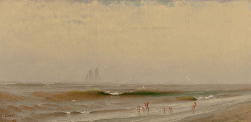 Cena marinha ao amanhecer sobre o mar, pintura a óleo de Prosper Louis Senat