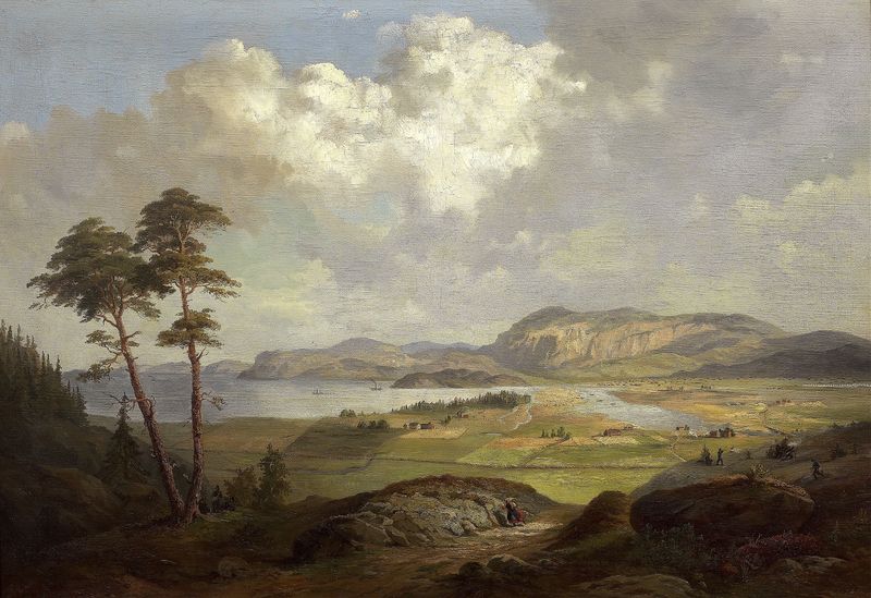 Landscape from Tröndelagen by Charles XV of Sweden, oil painting depicting rolling hills and wildflowers.
