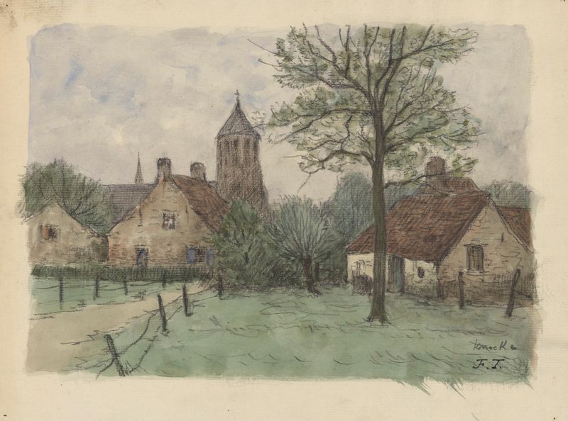 Village landscape with church, oil painting by Jean-François Taelemans