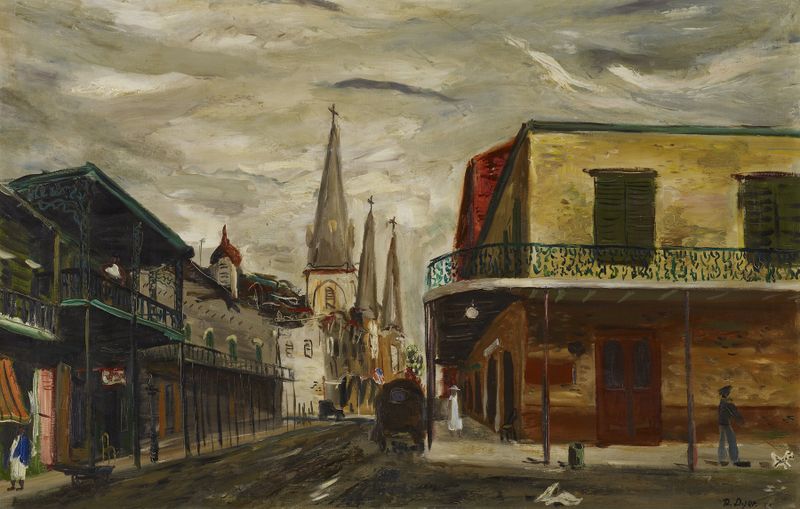 Paisaje urbano de Briggs Dyer, óleo sobre lienzo, con luz suave y colores apagados