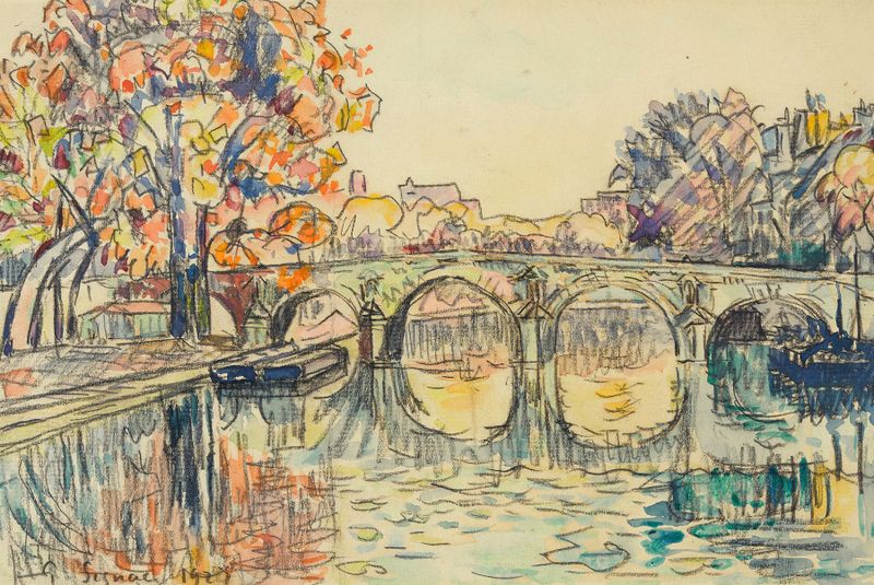 Pintura al óleo de Post-Impresionismo de Paul Signac que representa un puente sobre el Sena