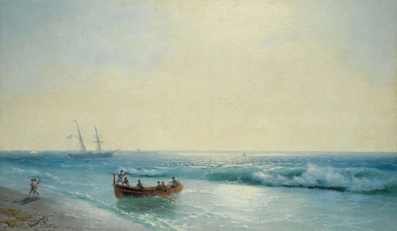 Sailors Coming Ashore de Ivan Aivazovsky, pintura a óleo que retrata marinheiros emergindo do mar