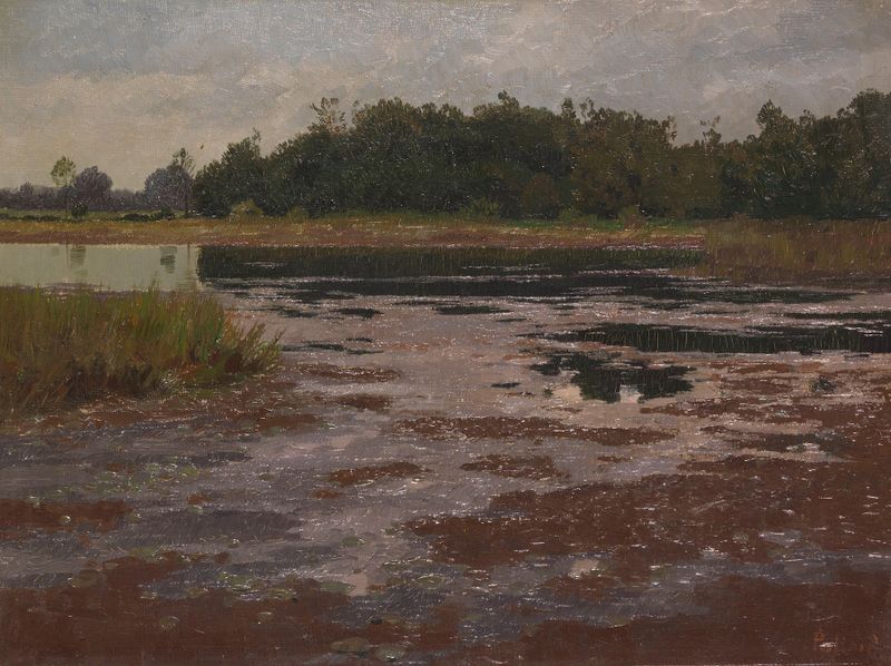 Abendliche Moorlandschaft de Charles Johann Palmié, paisagem impressionista com pântano e pôr do sol, pintura a óleo