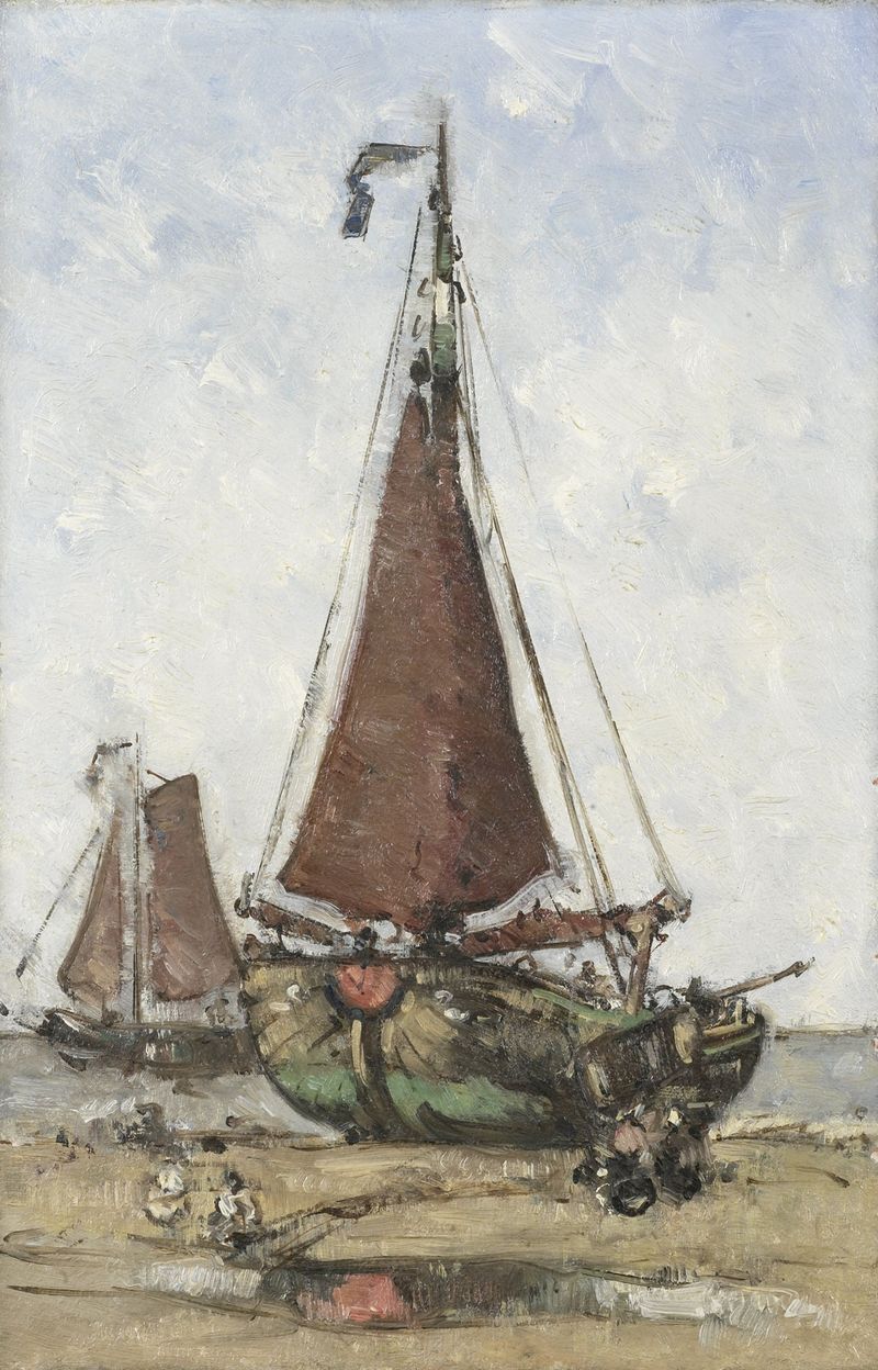 Bluff-bowed fishing boat on the beach, oil on canvas by Joannes Barnardus Antonius Maria Westerwoudt