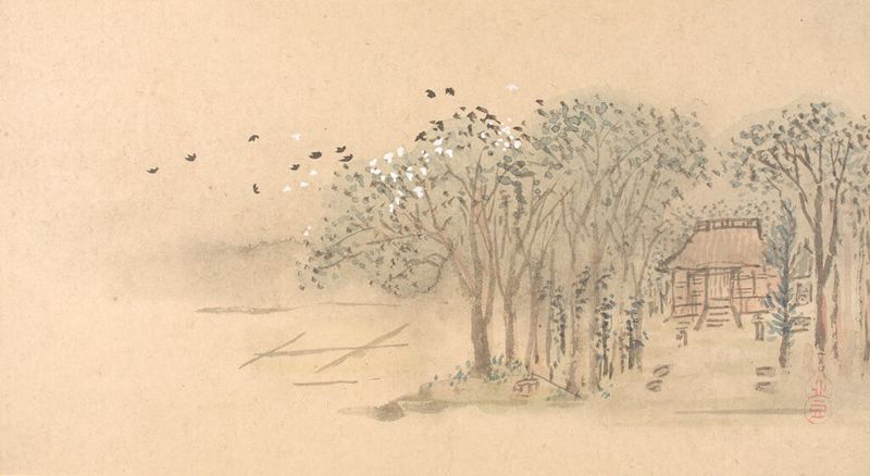 Landscape of autumn trees on paper by Watanabe Kazan