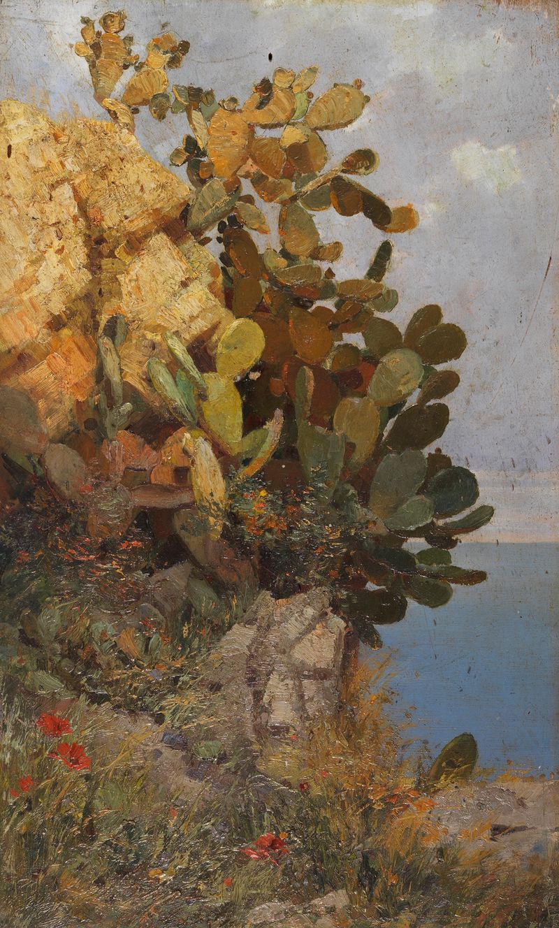 Kakteen an der Küste von Taormina, Sizilien de Hans Unger, pintura a óleo com cactos e o mar.