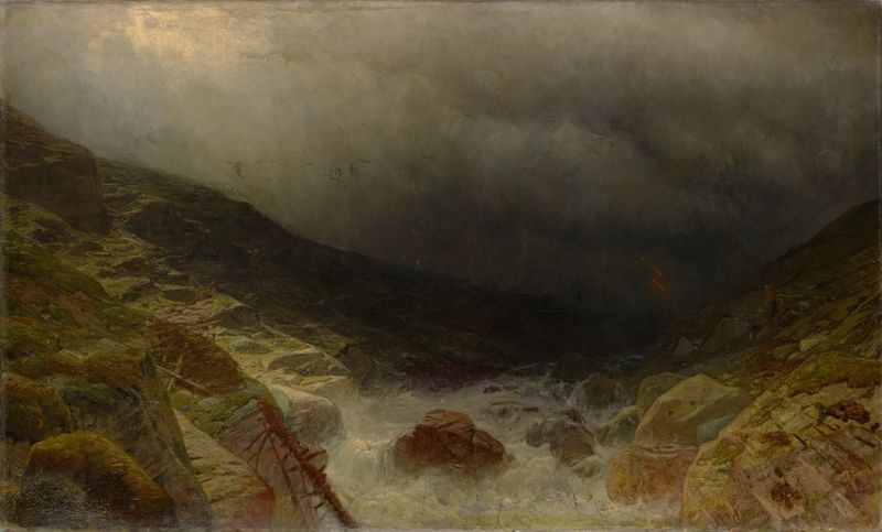 Pintura a óleo de paisagem de Albert Gos retratando uma tempestade no Vale de Sefinen